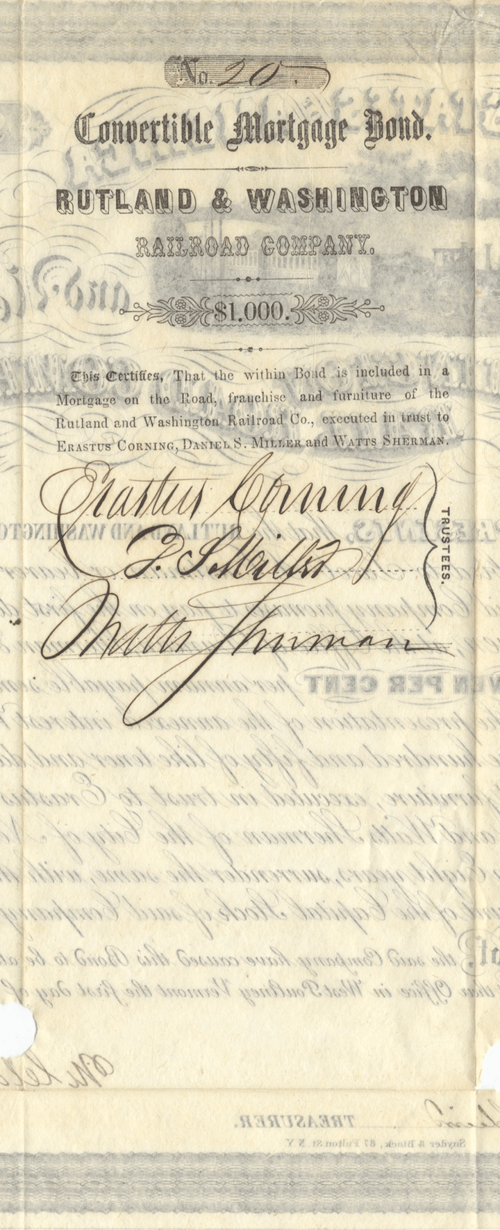 Rutland & Washington Rail Road Company bond certifcate signed by Erastus Corning dating back to 1852