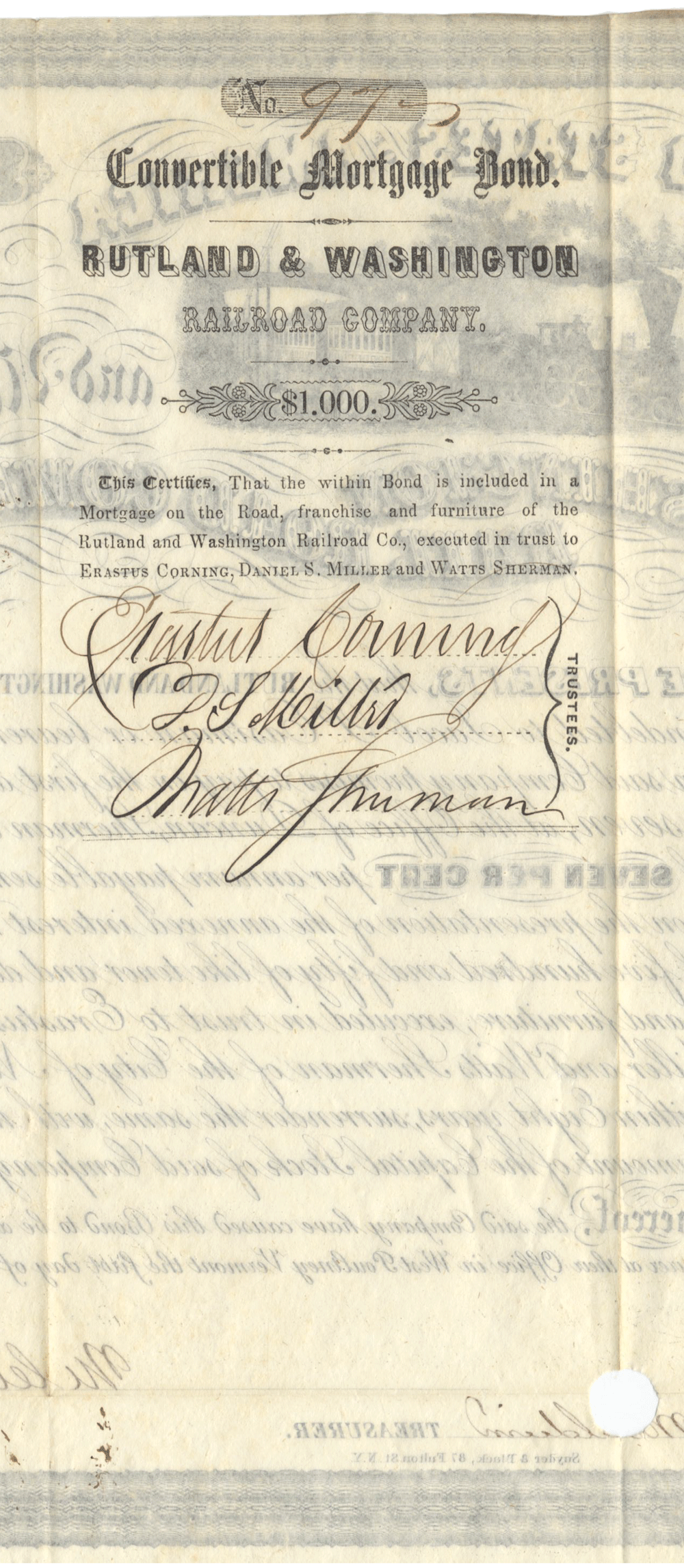 Rutland & Washington Rail Road Company Bond certificate Signed by Erastus Corning dating back to 1852