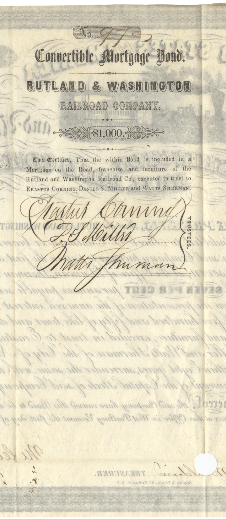 Rutland & Washington Rail Road Company Bond certificate Signed by Erastus Corning dating back to 1852