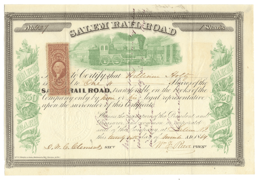 Salem Railroad stock certificate with vintage design and train illustration.