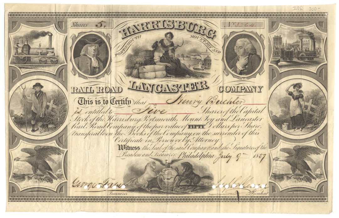 Harrisburg, Portsmouth, Mount Joy and Lancaster Rail Road Company Stock Certificate from 1857