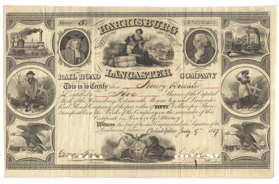 Harrisburg, Portsmouth, Mount Joy and Lancaster Railroad Company stock certificate with historical illustrations and text.