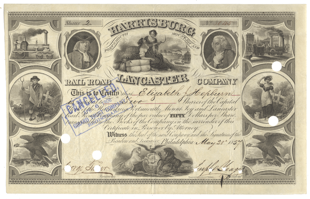 Harrisburg, Portsmouth, Mount Joy and Lancaster Rail Road Company Stock Certificate from 1857