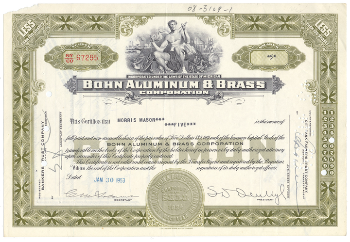 Bohn Aluminum & Brass Corporation Stock Certificate