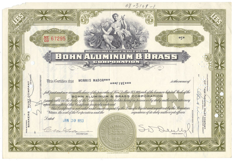 Bohn Aluminum & Brass Corporation Stock Certificate