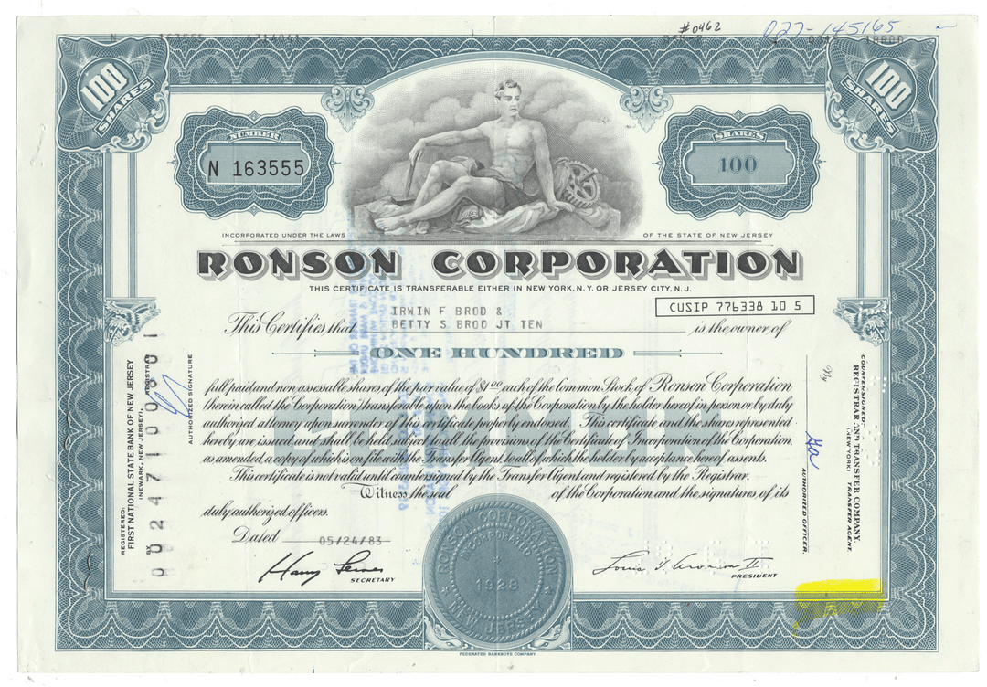 A vintage Ronson Corporation certificate with from 1983