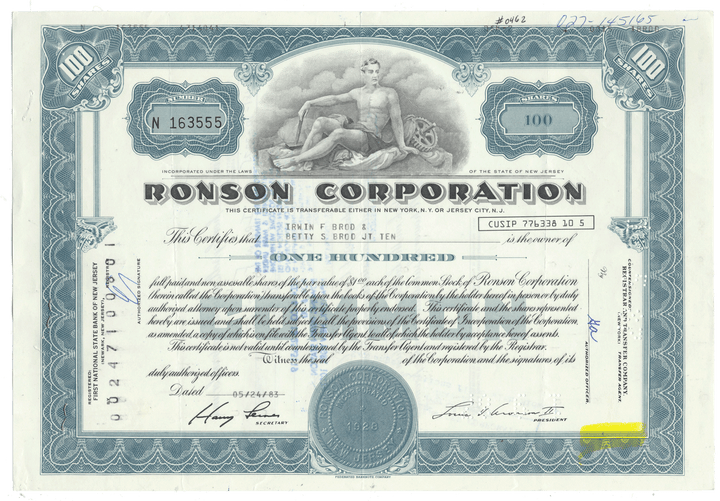 A vintage Ronson Corporation certificate with from 1983