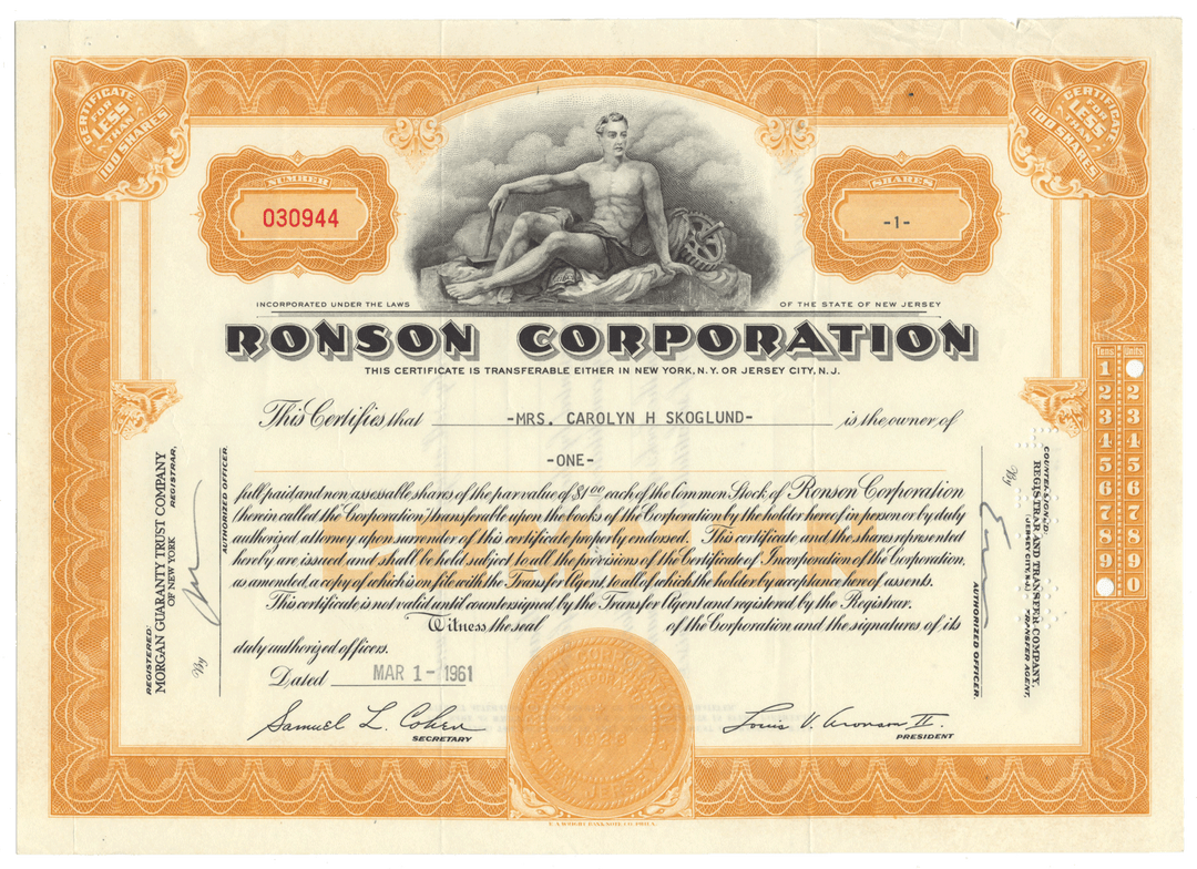 Ronson Corporation stock certificate from 1961