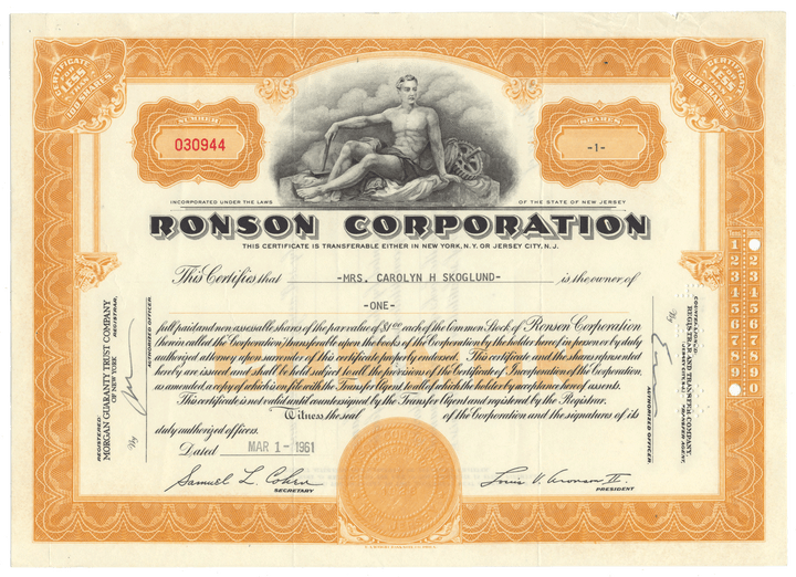 Ronson Corporation stock certificate from 1961