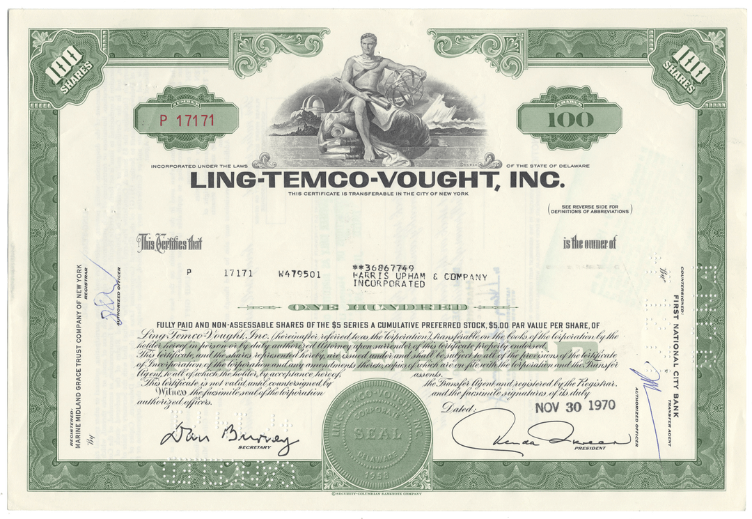 Ling-Temco-Vought, Inc. stock certificate from 1970 with green border and text.
