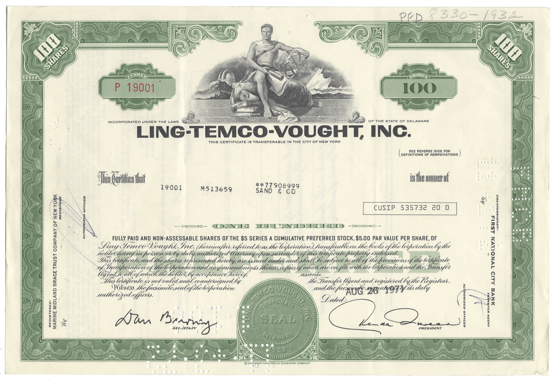 Ling-Temco-Vought, Inc. stock certificate with green and white design.