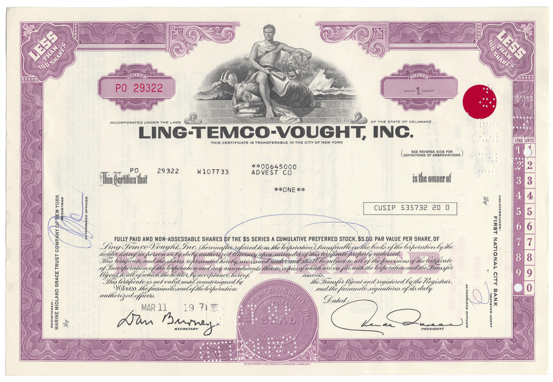 Ling-Temco-Vought, Inc. Stock Certificate