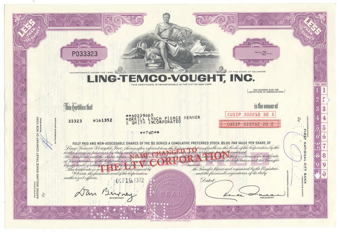 Ling-Temco-Vought, Inc. Stock Certificate