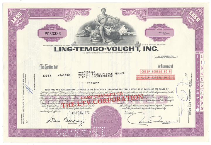 Ling-Temco-Vought, Inc. Stock Certificate