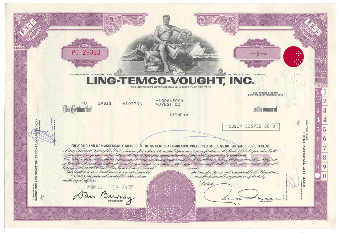 Ling-Temco-Vought, Inc. Stock Certificate