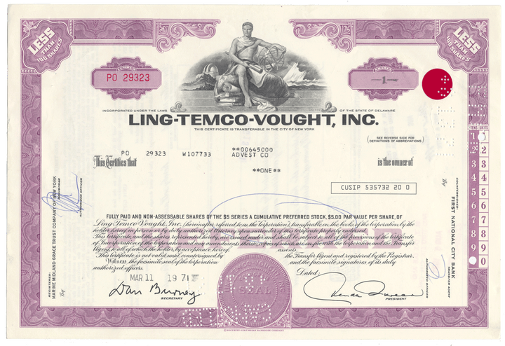 Ling-Temco-Vought, Inc. Stock Certificate