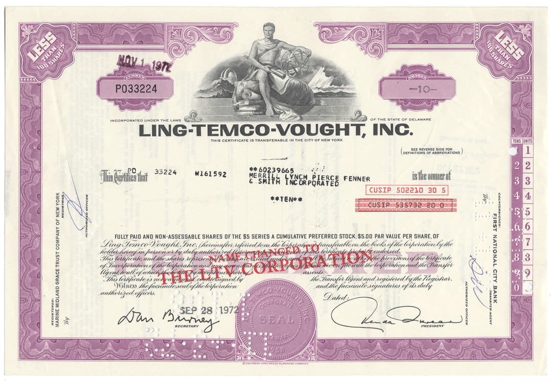 Ling-Temco-Vought, Inc. Stock Certificate