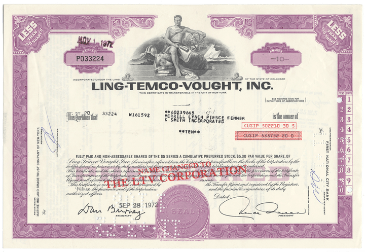 Ling-Temco-Vought, Inc. Stock Certificate