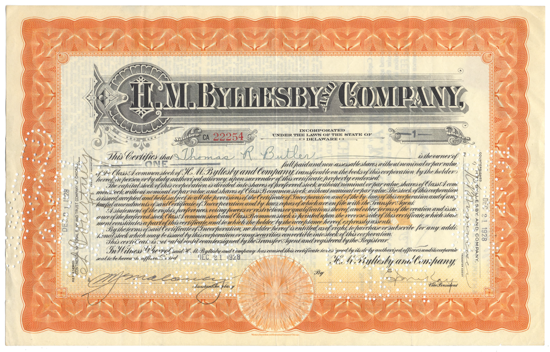 H. M. Byllesby and Company Stock Certificate