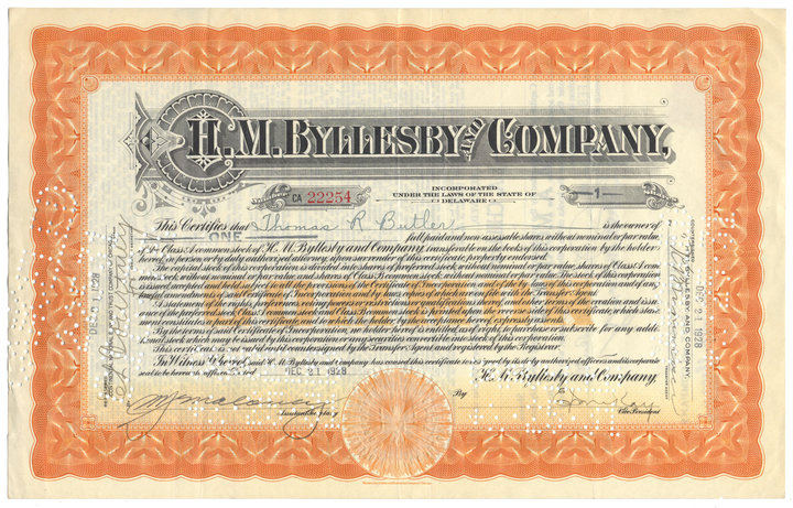 H. M. Byllesby and Company Stock Certificate