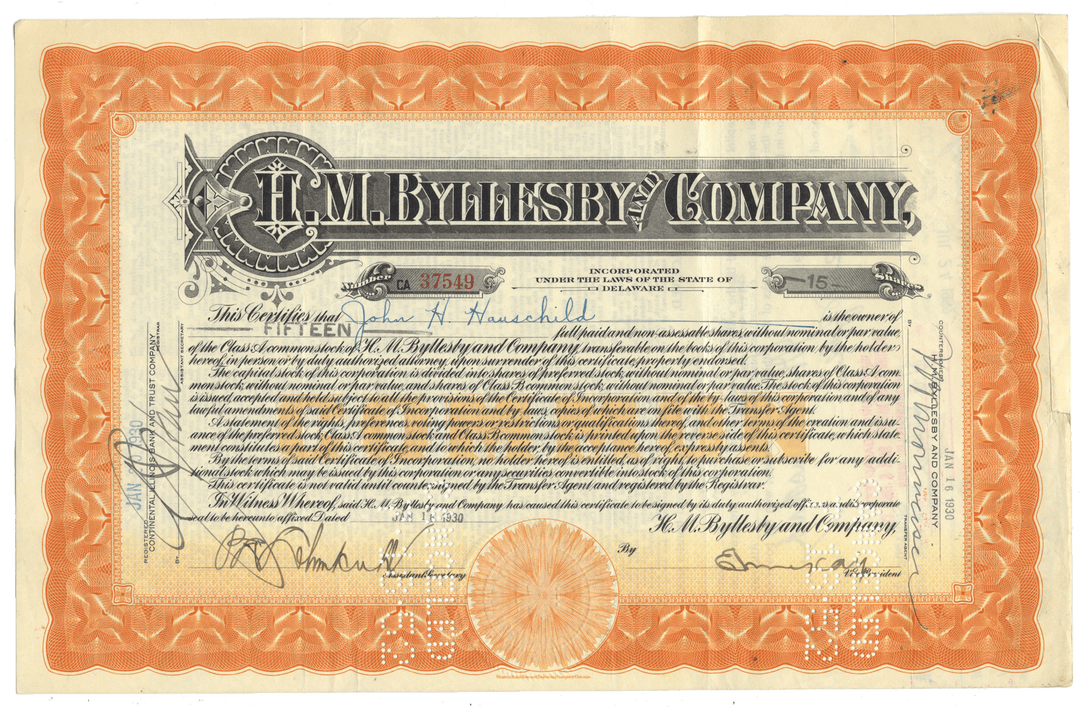 An antique stock certificate from H.M. Byllesby and Company dated 1930