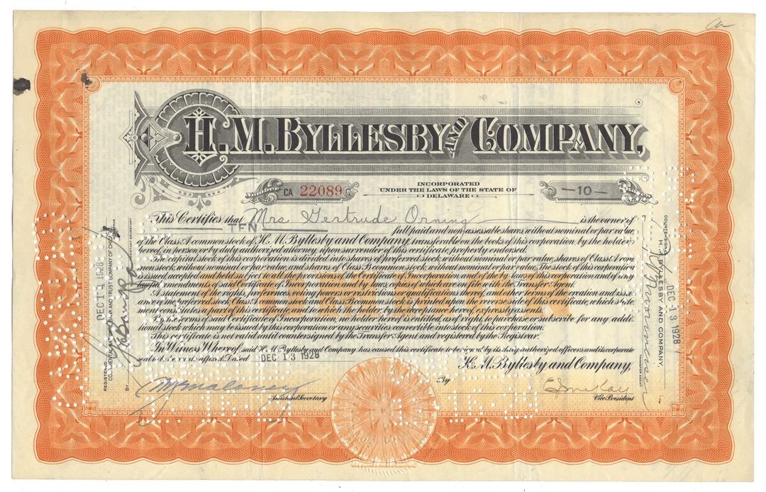 Vintage stock certificate from the H. M. Byllesby and Company with decorative border and text.