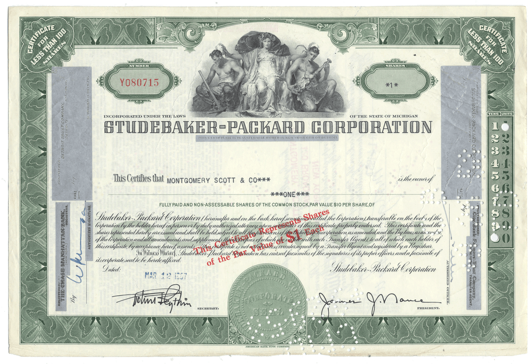 A vintage stock certificate from the Studebaker-Packard Corporation, dated 1957