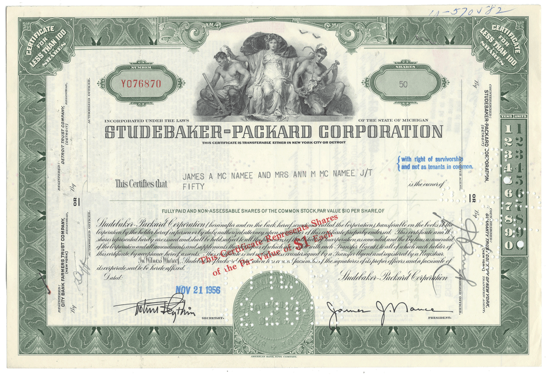 Studebaker-Packard Corporation stock certificate from 1956