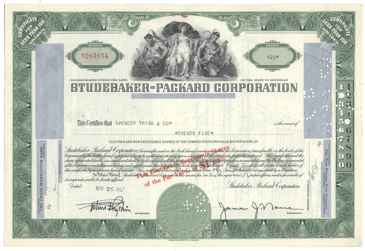 Studebaker-Packard Corporation stock certificate with decorative elements and text.