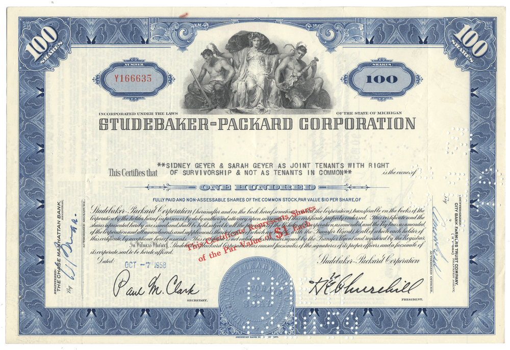 Studebaker-Packard Corporation stock certificate with blue and white design