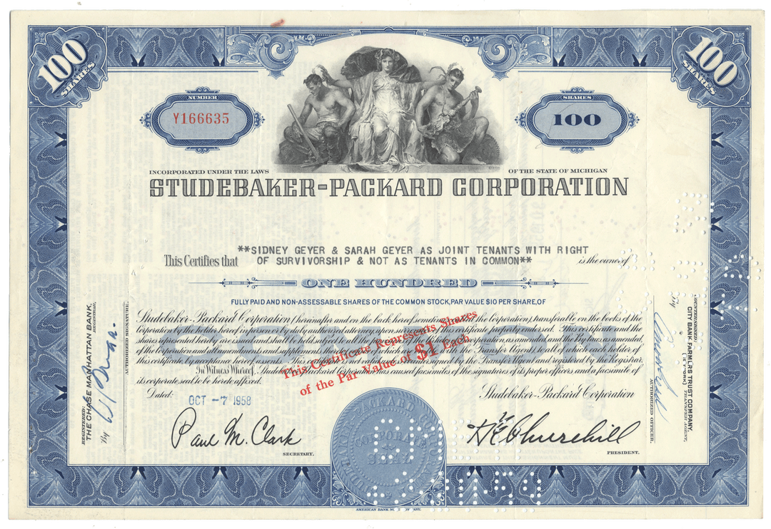Studebaker-Packard Corporation stock certificate with blue and white design