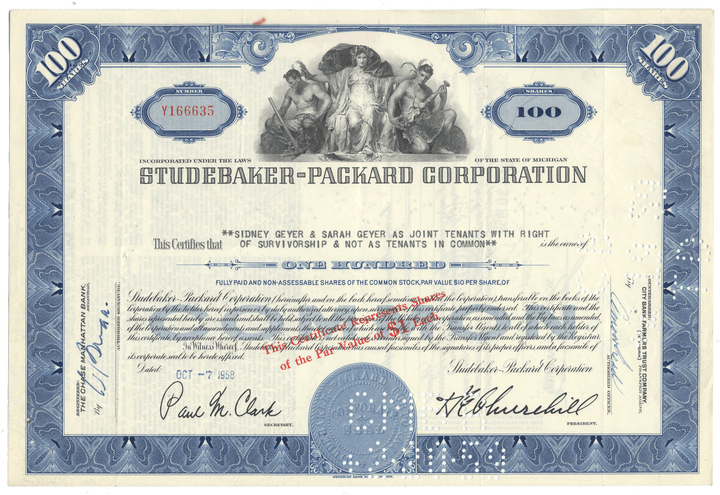 Studebaker-Packard Corporation stock certificate with blue and white design