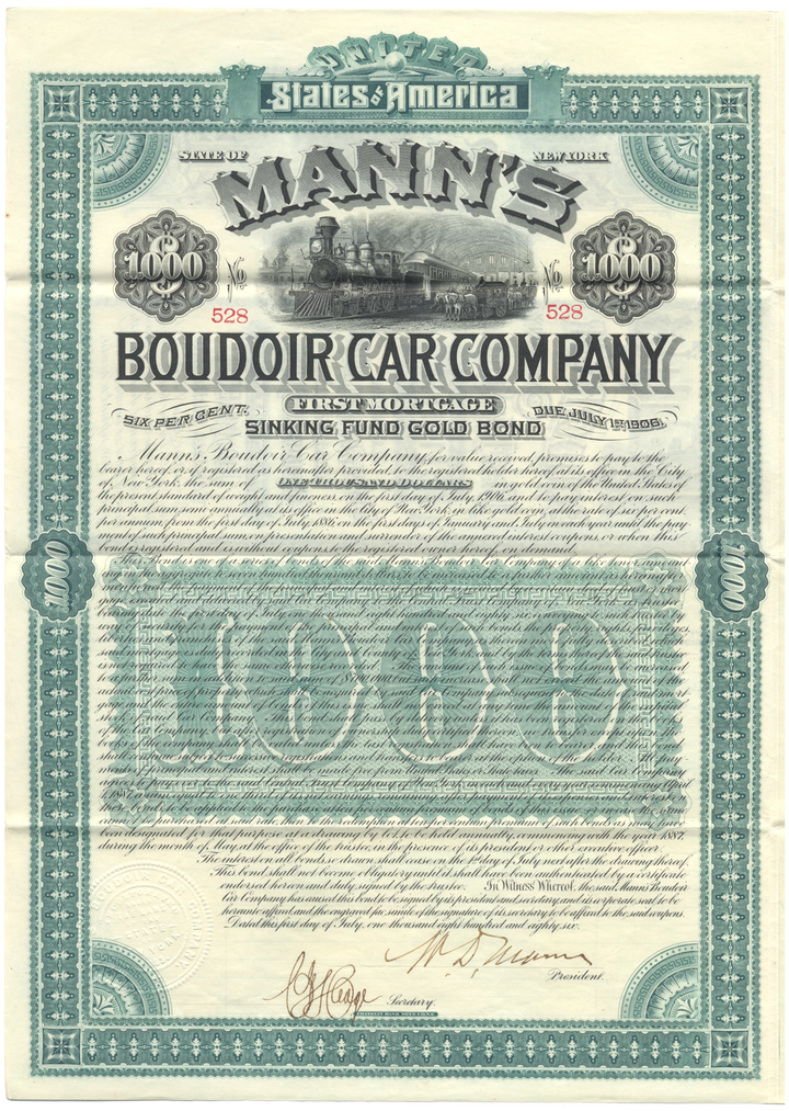 Mann's Boudoir Car Company Bond Certificate Signed by William D'Alton Mann