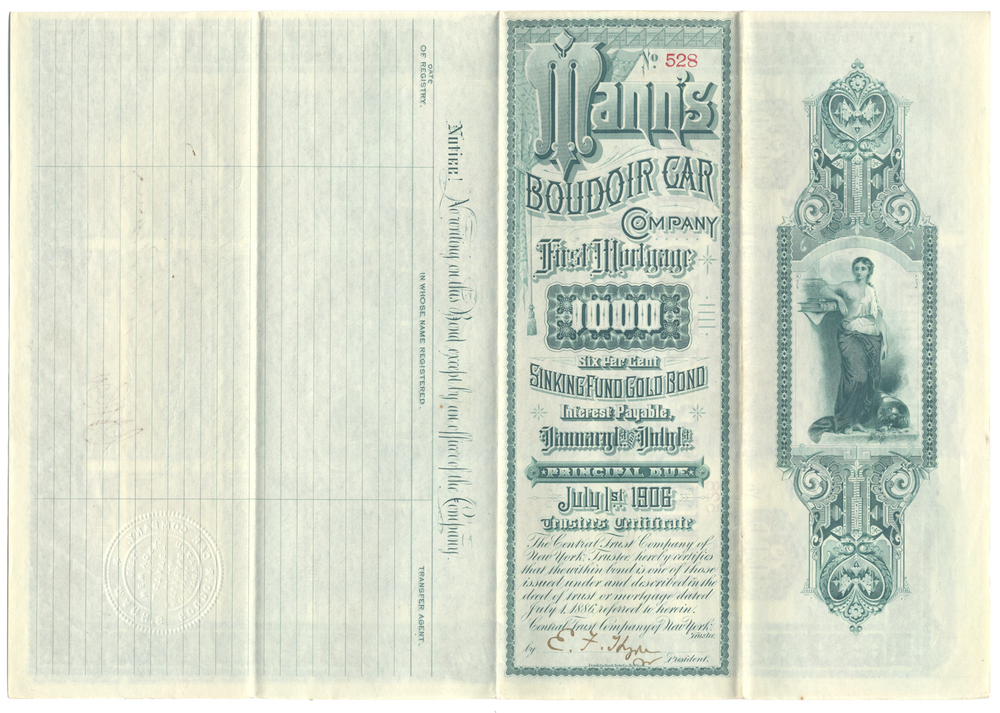 Mann's Boudoir Car Company Bond Certificate Signed by William D'Alton Mann