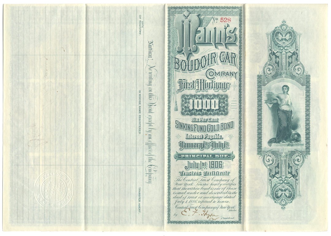 Mann's Boudoir Car Company Bond Certificate Signed by William D'Alton Mann