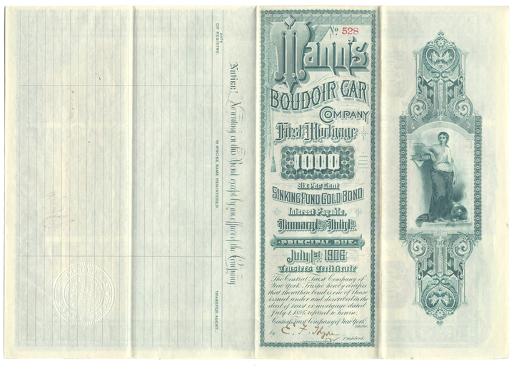 Mann's Boudoir Car Company Bond Certificate Signed by William D'Alton Mann