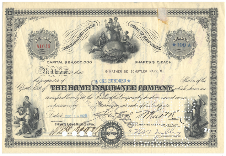 Home Insurance Company Stock Certificate