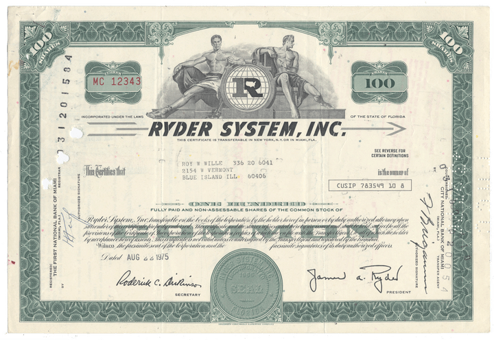 A vintage stock certificate for Ryder System, Inc., dated 1975
