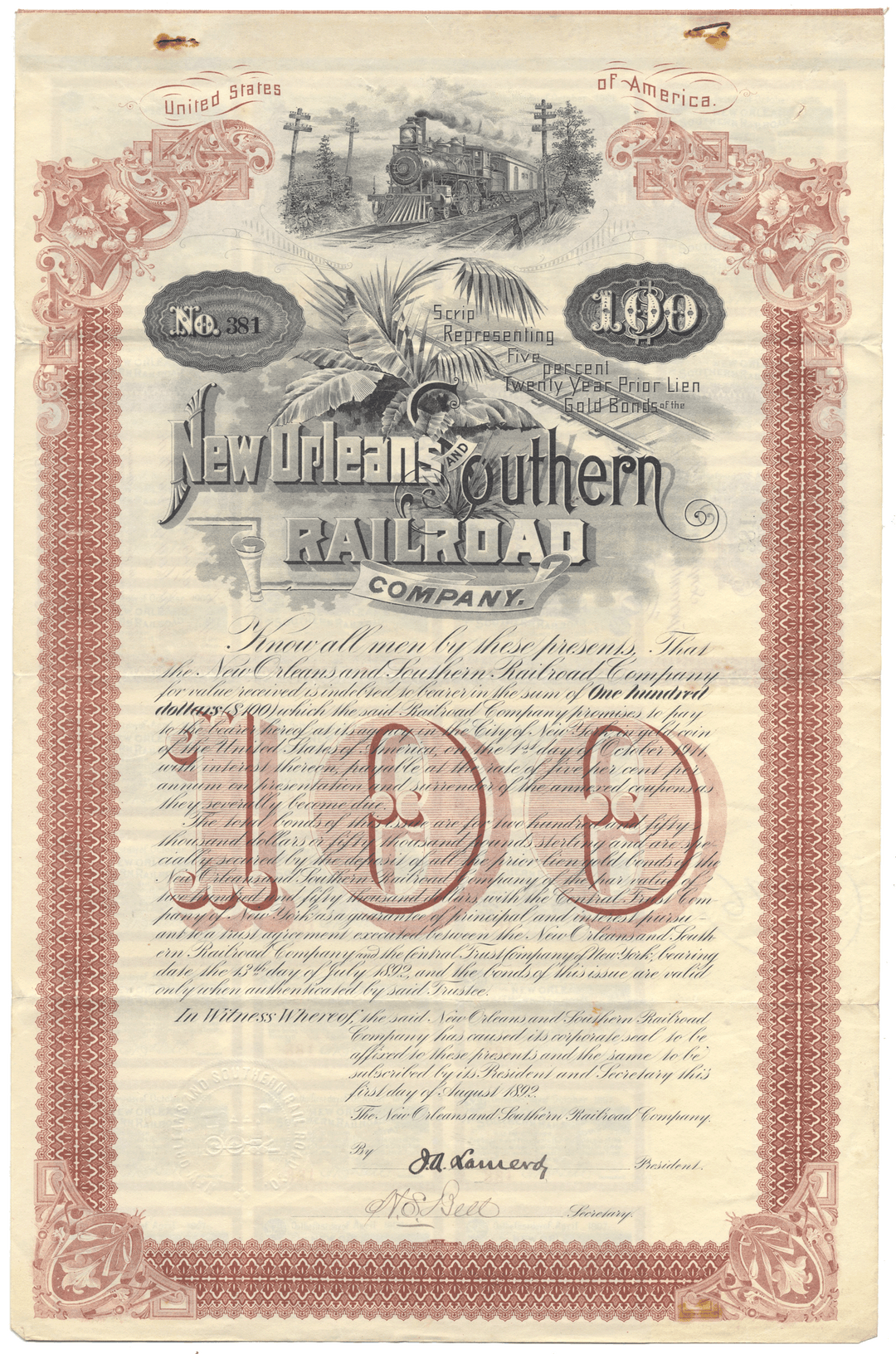 Vintage bond certificate of the New Orleans & Southern Railroad Company with decorative elements and text.