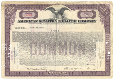 American Sumatra Tobacco Company Stock Certificate
