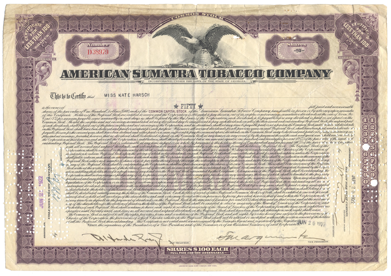 American Sumatra Tobacco Company Stock Certificate