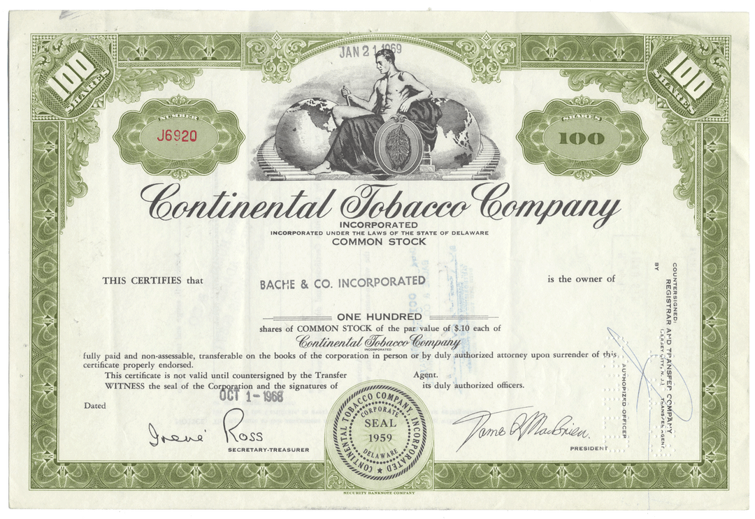 Stock certificate from the Continental Tobacco Company