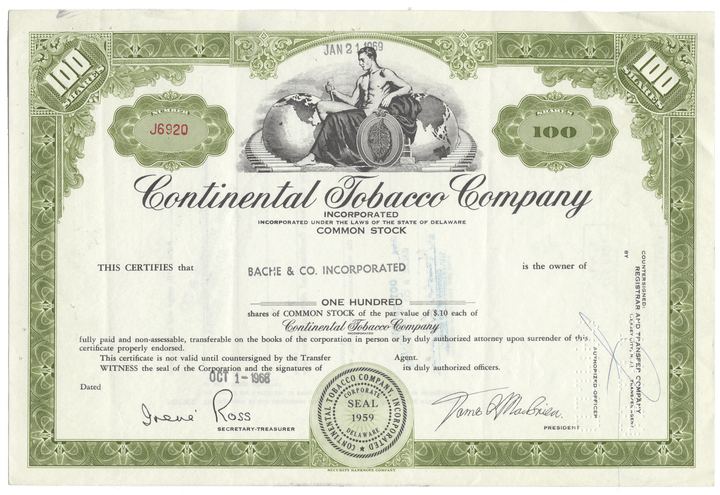 Stock certificate from the Continental Tobacco Company