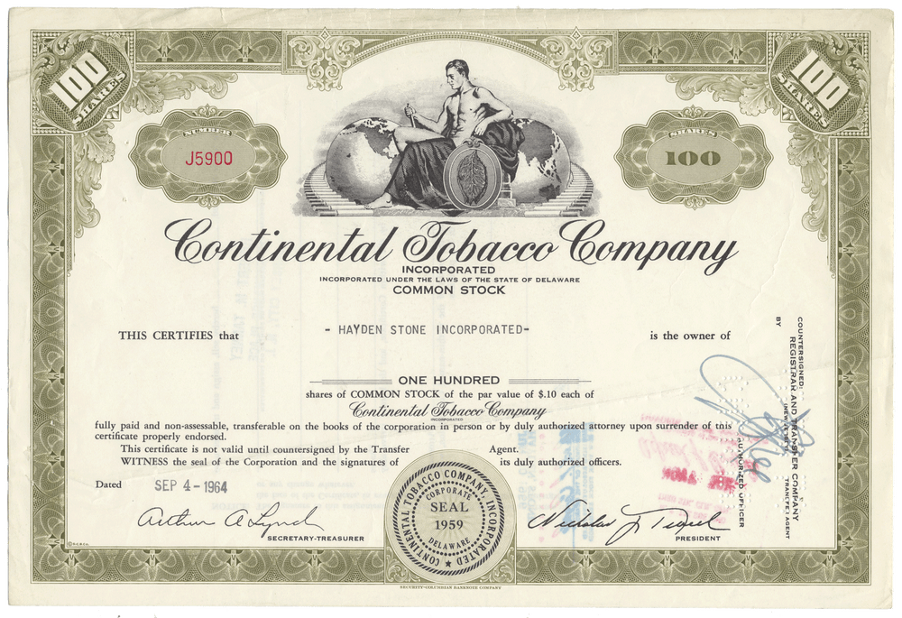 Vintage Continental Tobacco Company stock certificate with decorative elements and text.