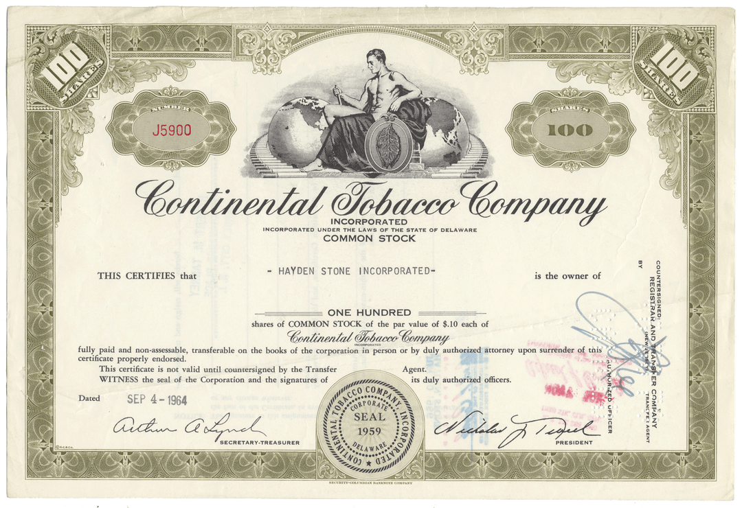 Vintage Continental Tobacco Company stock certificate with decorative elements and text.