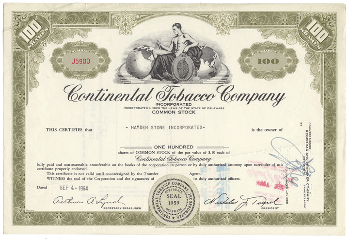 Vintage Continental Tobacco Company stock certificate with decorative elements and text.