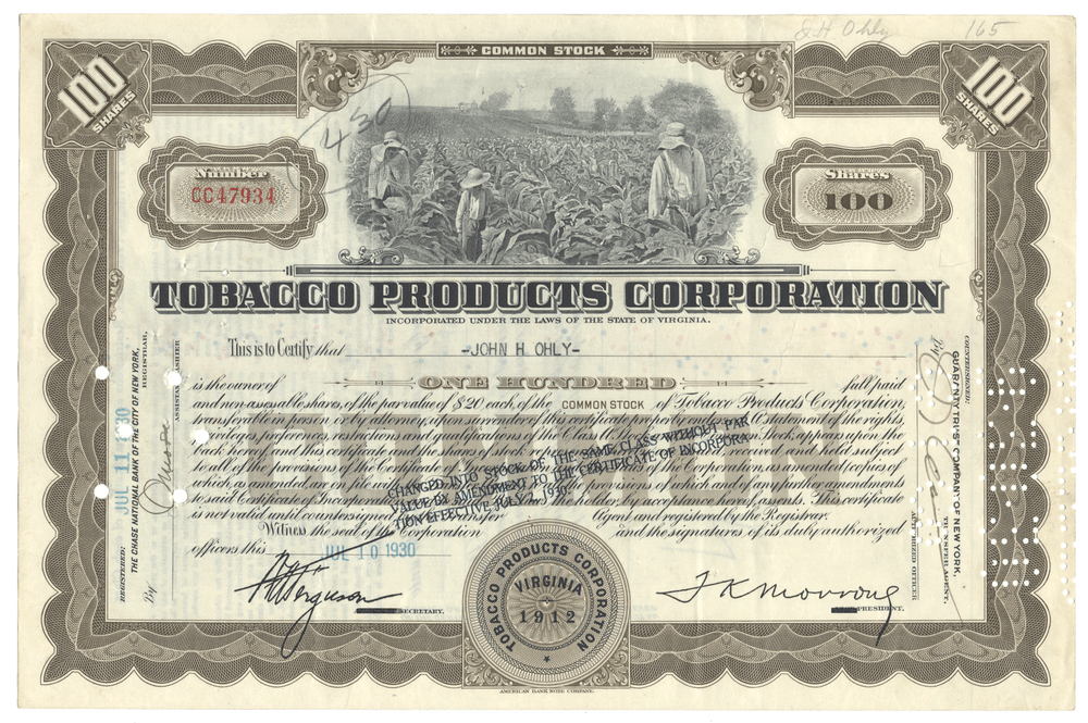 Tobacco Products Corporation stock certificate from 1930 with an illustration of tobacco field and workers.