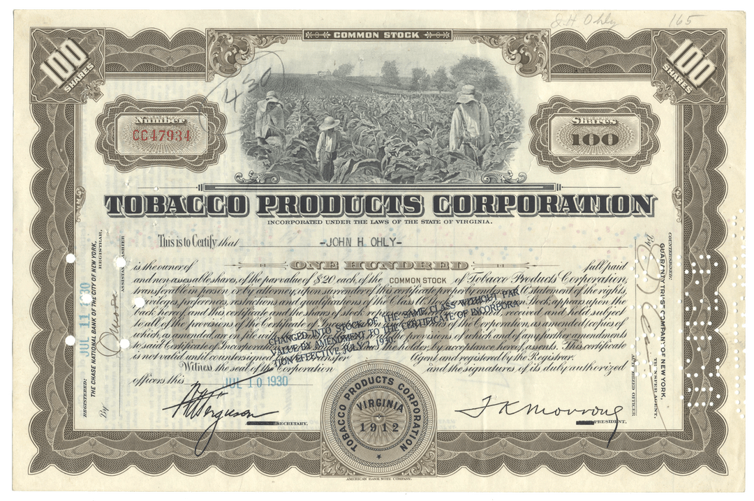 Tobacco Products Corporation stock certificate from 1930 with an illustration of tobacco field and workers.