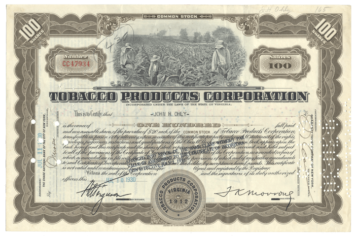 Tobacco Products Corporation stock certificate from 1930 with an illustration of tobacco field and workers.