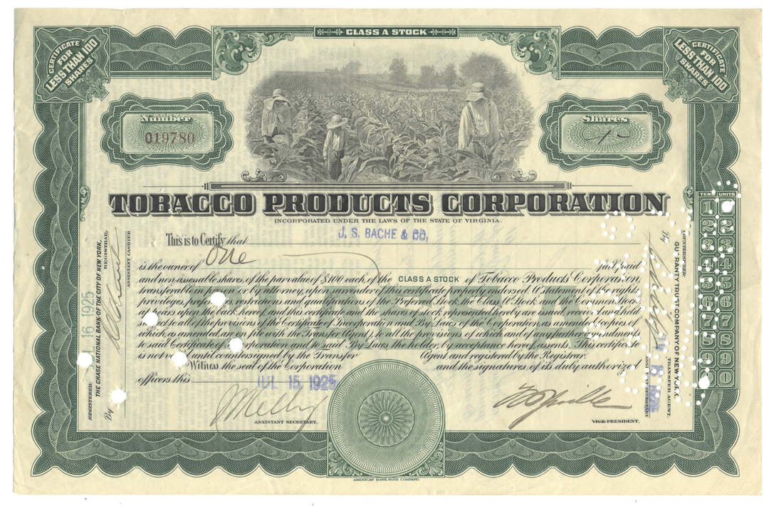 Vintage stock certificate for Tobacco Products Corporation from 1925